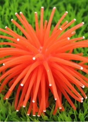 Декор для аквариума оранжевый "морской еж" - диаметр 7см, силикон, (безопасный для рыб и креветок)