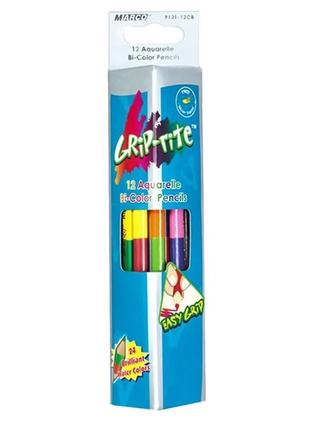 Marco олівці кольорові трикутні акварельні двосторонні 12шт 24 кол. grip-rit з пензлем
