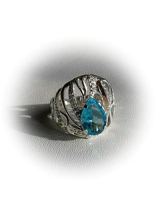 🫧 17.5 ; 18.5 размер кольцо серебро с золотом фианит голубой3 фото