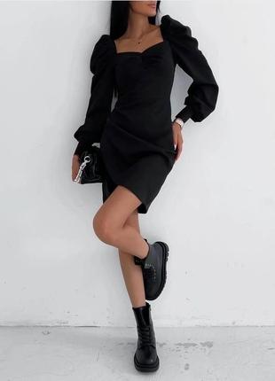 Нарядное чёрное платье миди с длинными свободными рукавами с небольшим вырезом на ключице с м л хл 44 46 48 50 s m l xl1 фото