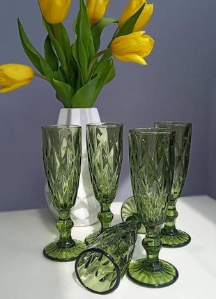 Набір бокалів для шампанського зелені із кольорового скла смарагд 150 мл 6 шт1 фото