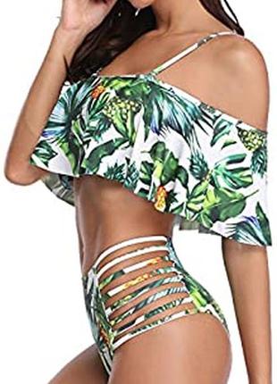 Купальник с  открытыми плечами и высокими плавками в тропический принт от tempt me