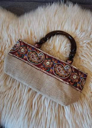 Jute cottage индия сумка багет винтаж с деревянными круглыми ручками пластик текстиль текстильная сумка бамбук