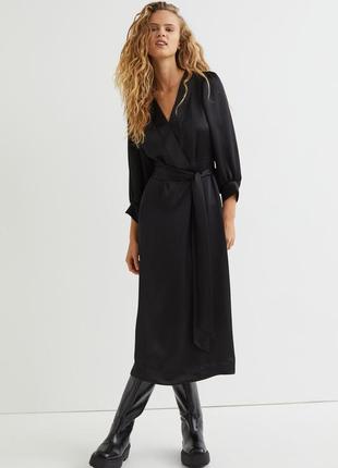 Нарядное миди платье шелковое h&m сатиновое миди платье с поясом черное6 фото