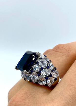 Кольцо женское серебро 925 камни фианиты синий камень в стиле de grisogono