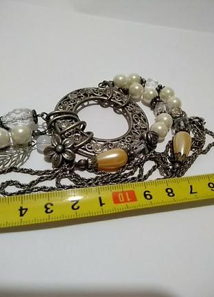 Колье ожерелье из цепочек и бусин с подвесками и кристаллами4 фото