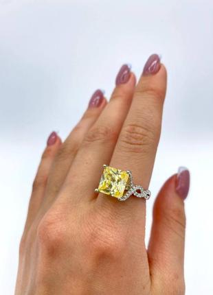 Кольцо женское серебро 925 камни фианиты большим жёлтым камнем в стиле graff