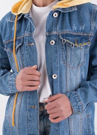 Женская джинсовая куртка пиджак с капюшоном4 фото