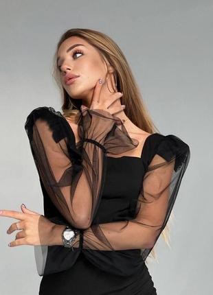 Новинка черное базовое классическое прямое платье футляр с обьемными рукавами из фатина миди мини3 фото