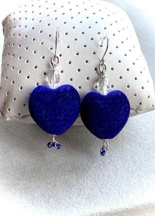 Серьги сердце синий бархат