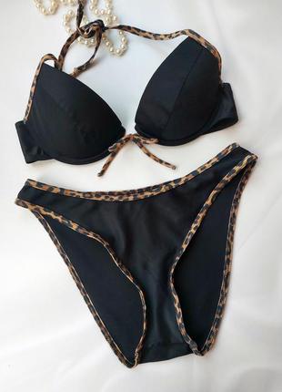 Чорний купальник бікіні з каймою леопардовий принт р. s-m