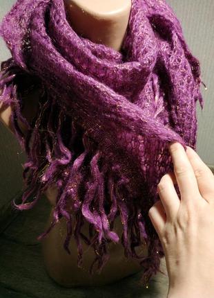 Сиренивый фиолетовый шерстяной шарф палантин платок с золотой люрексной нитью5 фото