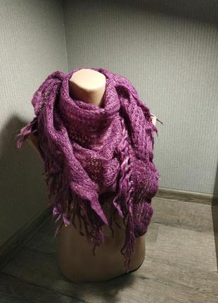 Сиренивый фиолетовый шерстяной шарф палантин платок с золотой люрексной нитью4 фото