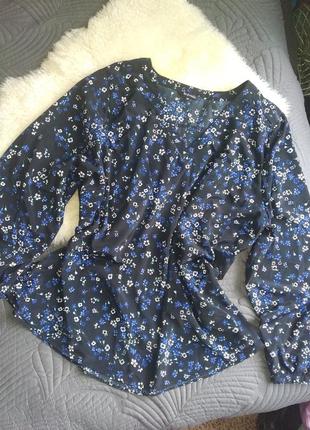 Блуза 52_54 цветы цветочный принт, рукав буф, пышный