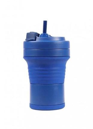 Складная кружка 550 мл, eco cup с карабином и трубочкой, синяя