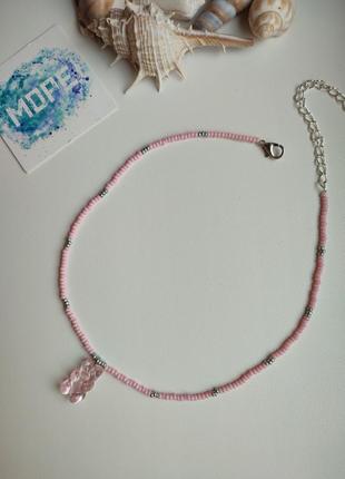 Комплект прикрас з бісеру та намистин, сердечки, мармеладні ведмедики, рожевий, пастельний, чокер, намисто, колье, тренд2 фото