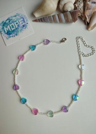 Комплект прикрас з бісеру та намистин, сердечки, мармеладні ведмедики, рожевий, пастельний, чокер, намисто, колье, тренд3 фото