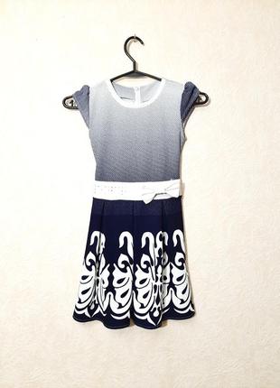 Платье детское сине-белое в горошки с дизайном трикотаж стрейч на девочку складочки от талии