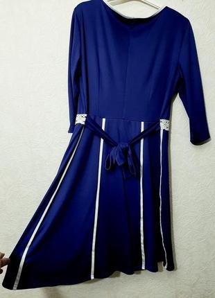 Красивое платье синее с белым кружевом с пояском стрейч эластик женское7 фото