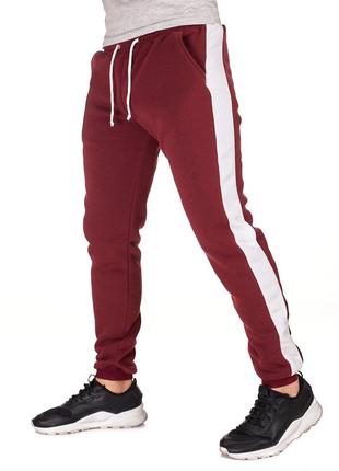 Бордовые мужские теплые спортивные штаны с лампасами на флисе,  спортивные брюки зимние трехнитка