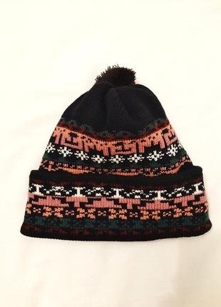 Тёплая шапка с отворотом с помпоном двойная вязка демисезон-зима чёрная цветная р50-57 на мальчика