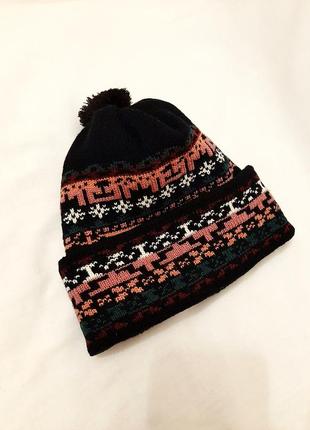Тёплая шапка с отворотом с помпоном двойная вязка демисезон-зима чёрная цветная р50-57 на мальчика2 фото