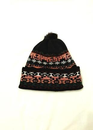 Тёплая шапка с отворотом с помпоном двойная вязка демисезон-зима чёрная цветная р50-57 на мальчика3 фото
