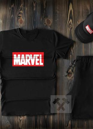 Чорний чоловічий комплект марвел (marvel) шорти і футболка+кепка / літні комплекти для чоловіків