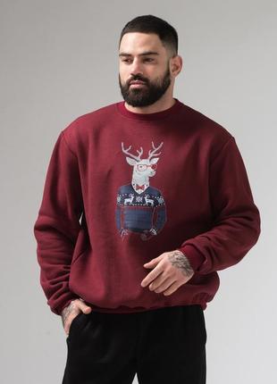 Теплый свитшот на флисе с новогодним принтом "олень в свитере"