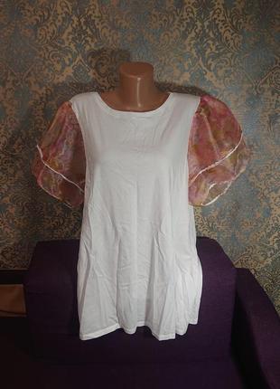 Красивая женская футболка с рукавами пуфами органза большой размер батал 54/56/58 блуза блузочка