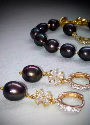 Дизайнерський браслет, сережки, ланцюжок, кулон підвіска 24карат бароковий перли натуральні камені набір
