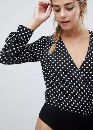 Блуза-боди в горошек (polka dot) / стринги / завязки на манжетах