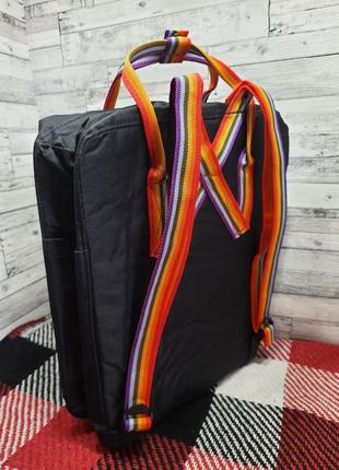 Рюкзак канкен черный с радужными ручками 16 л, fjallraven kanken black rainbow, радужные, цветные, школьный, шкільний портфель5 фото