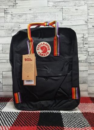 Рюкзак канкен черный с радужными ручками 16 л, fjallraven kanken black rainbow, радужные, цветные, школьный, шкільний портфель10 фото