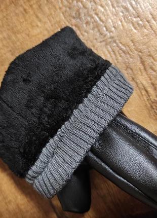 Рукавички подвійні на підкладці чоловічі з екошкіри теплі вітрозахисні рукавиці для водіння для роботи з сенсорним екраном, чорні, на осінь/зиму3 фото