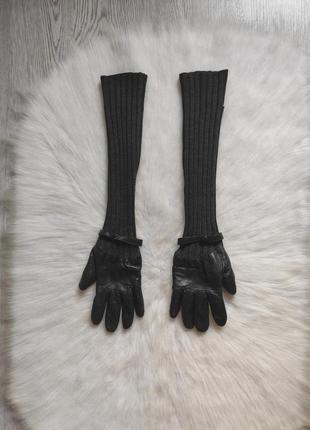 Черные натуральные кожаные перчатки рукавицы с трикотажным верхом длинные женские1 фото