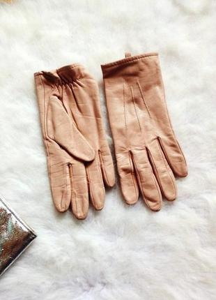 Персиковые бежевые кожаные натуральные перчатки рукавички зимние пудровые рукавици2 фото