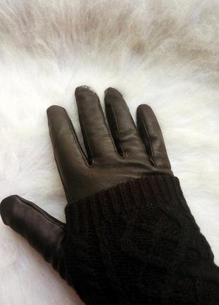 Черные натуральные кожаные перчатки вязаные высокие по локоть короткие рукавицы3 фото