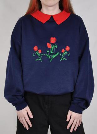 Джемпер винтажный воротник воротничок вышивка вінтаж ретро свитер синий мак vintage цветочный цветы красный светр