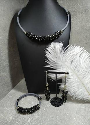 Комплект з натурального обсидіану - браслет, чокер, сережки1 фото