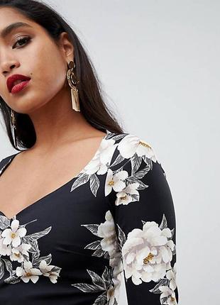 Asos платье чёрное в белый цветочный принт миди по фигуре карандаш футляр с рукавом3 фото