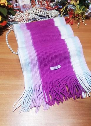 Шикарнейший ідеальний вовняний теплий шарф шерсть шарфик розовий фуксія зимній жіночий полосатий1 фото