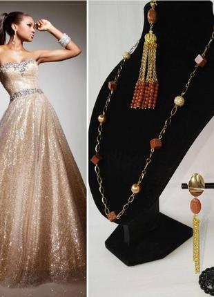 Кольє з пісочного авантюрину і перлів з підвіскою пензликом в позолоті7 фото