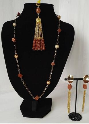 Кольє з пісочного авантюрину і перлів з підвіскою пензликом в позолоті5 фото