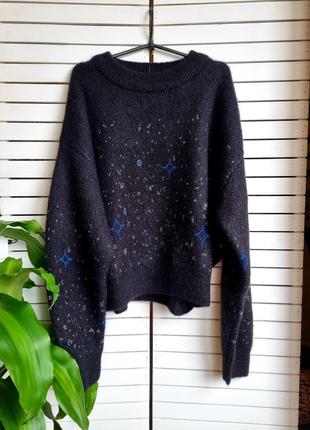 Новый теплый свитер пуловер мохер с шерстью в звезды двойная вязка
