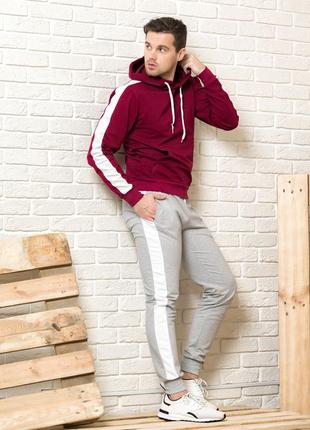 Мужской спортивный костюм легкий хлопковый бордовая худи и серые спортивные штаны с лампасами (полосы) хб