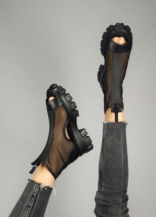 Летние чёрные женские босоножки сапоги ботинки сетка сквозная