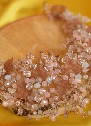 Весільна пишна гілочка з рожевим кварцом "тінистий плющ"