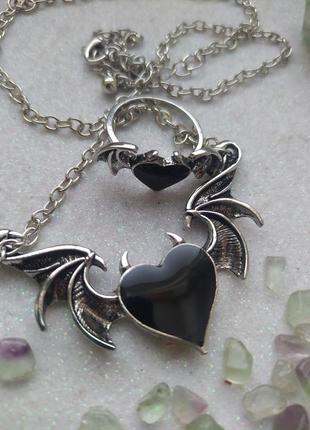 Колье вампира и  кольцо с сердцем и крыльями летучей мыши - готический комплект украшений в стиле alchemy gothic