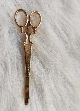Золотистая заколка для волос в форме ножниц металлическая золотая4 фото